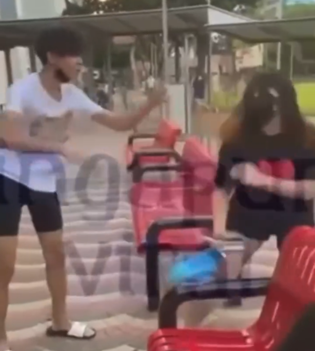She take brown liquid throw at the YP. He slaps her and she kicks him.